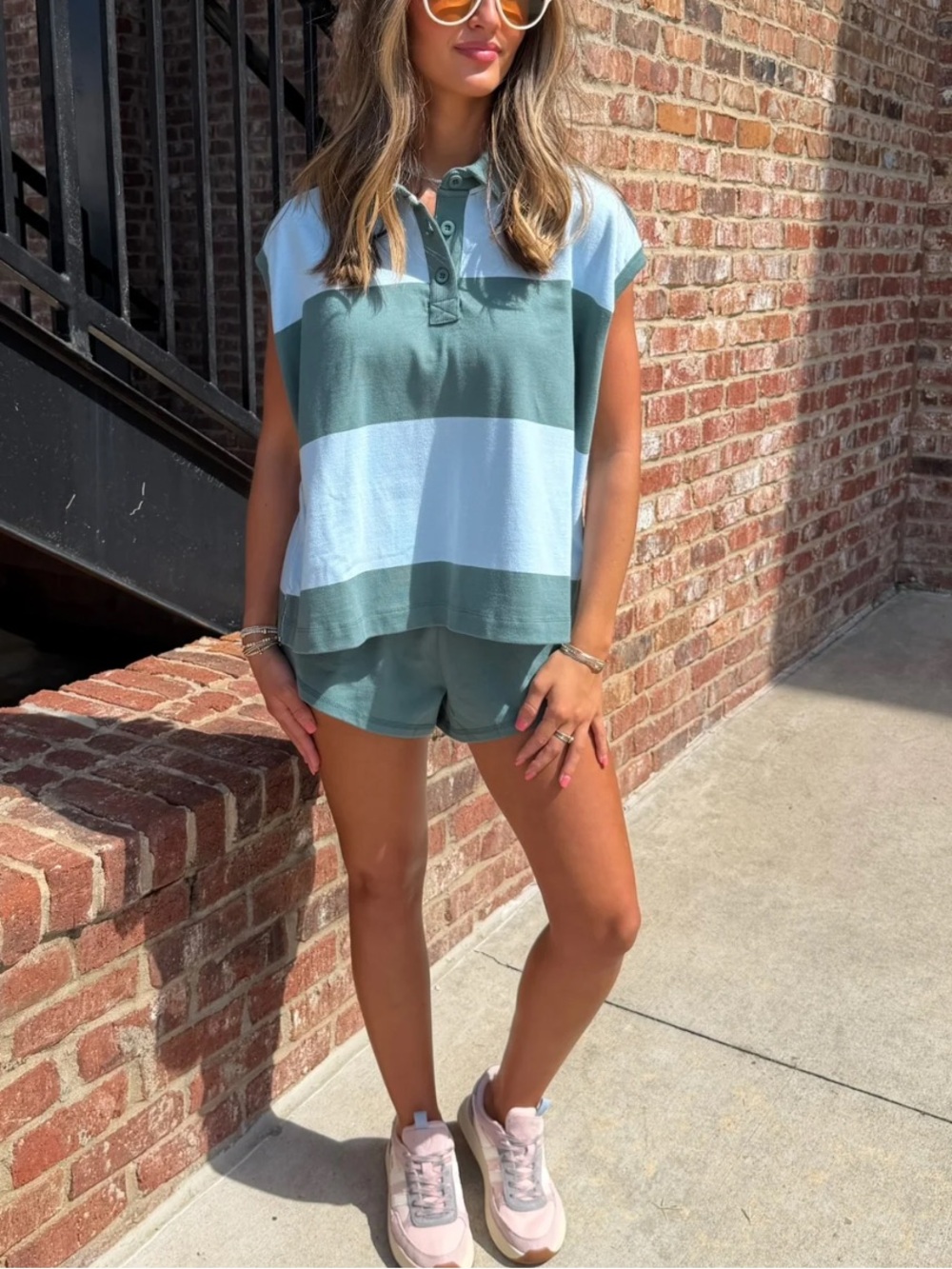 Labiz Rugby Mint and Sage Stripe Shorts Set